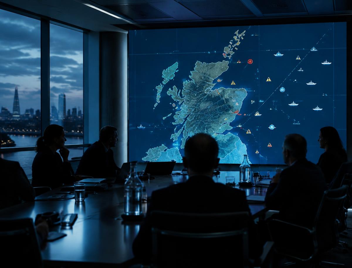 Illustrative government briefing room with a map of Scotland and the North Sea
