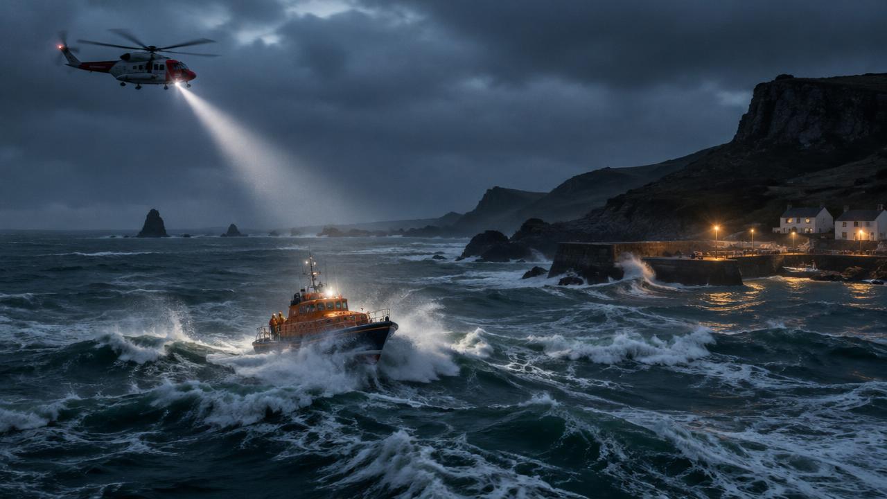 Illustrative lifeboat and coastguard helicopter searching a stormy sea off a Hebridean headland