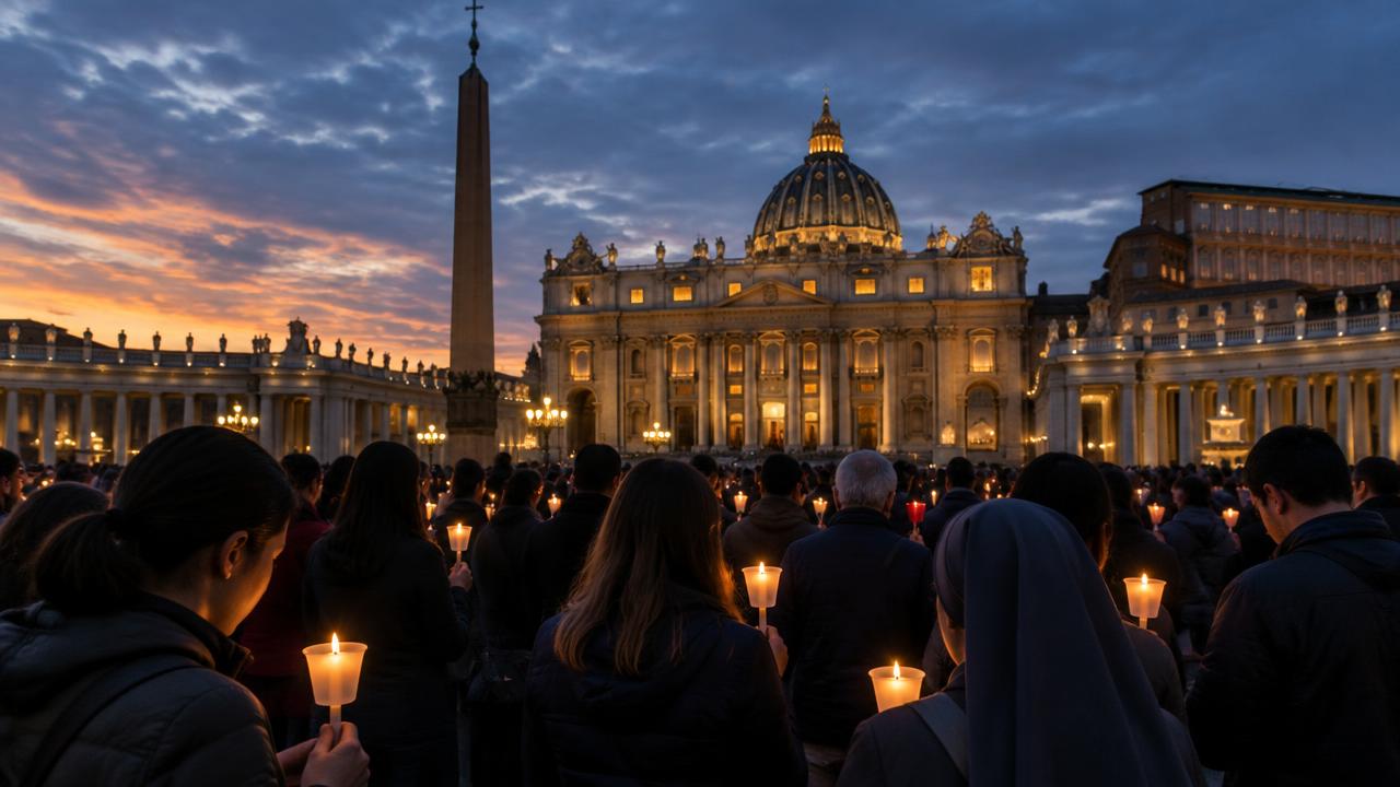 Illustrative candlelit prayer vigil in St Peter's Square, Rome