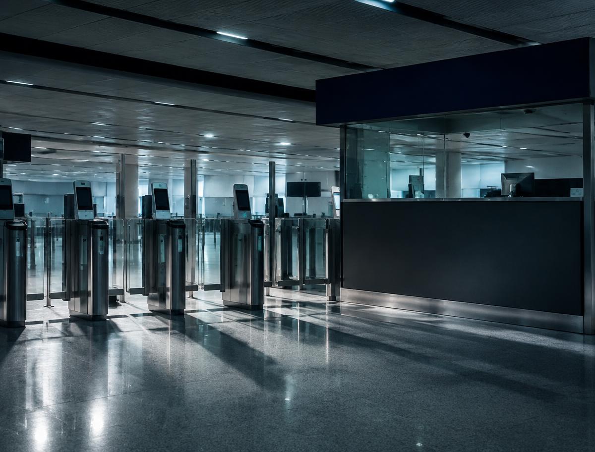 Illustrative empty UK airport passport e-gates and border desk
