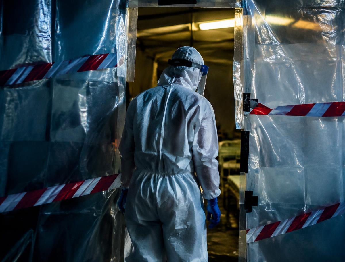 Illustrative health worker in protective suit entering an isolation ward