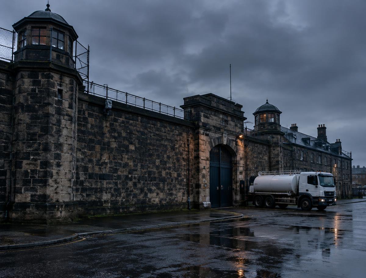 Illustrative Victorian prison wall in Glasgow with a water tanker at the gate