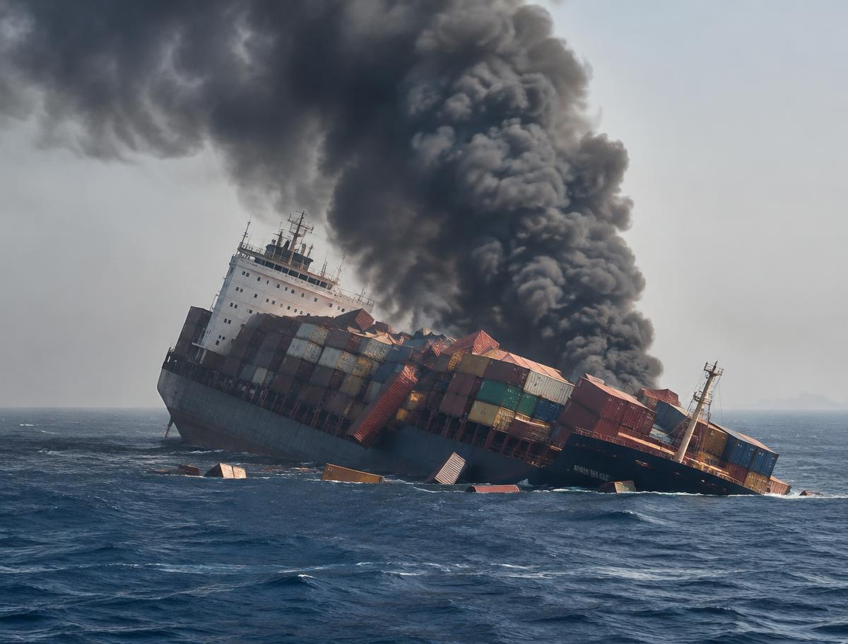 Illustrative container ship listing and burning at sea