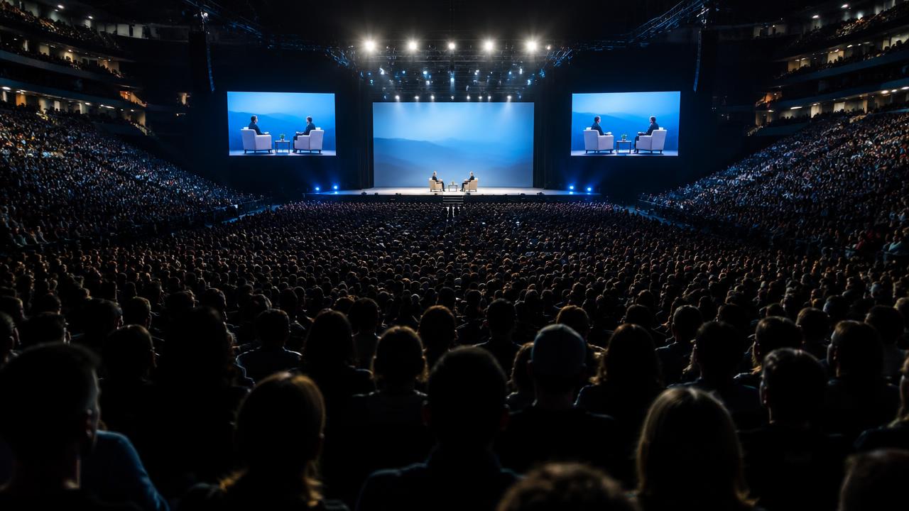 Illustrative packed arena audience facing an on-stage conversation