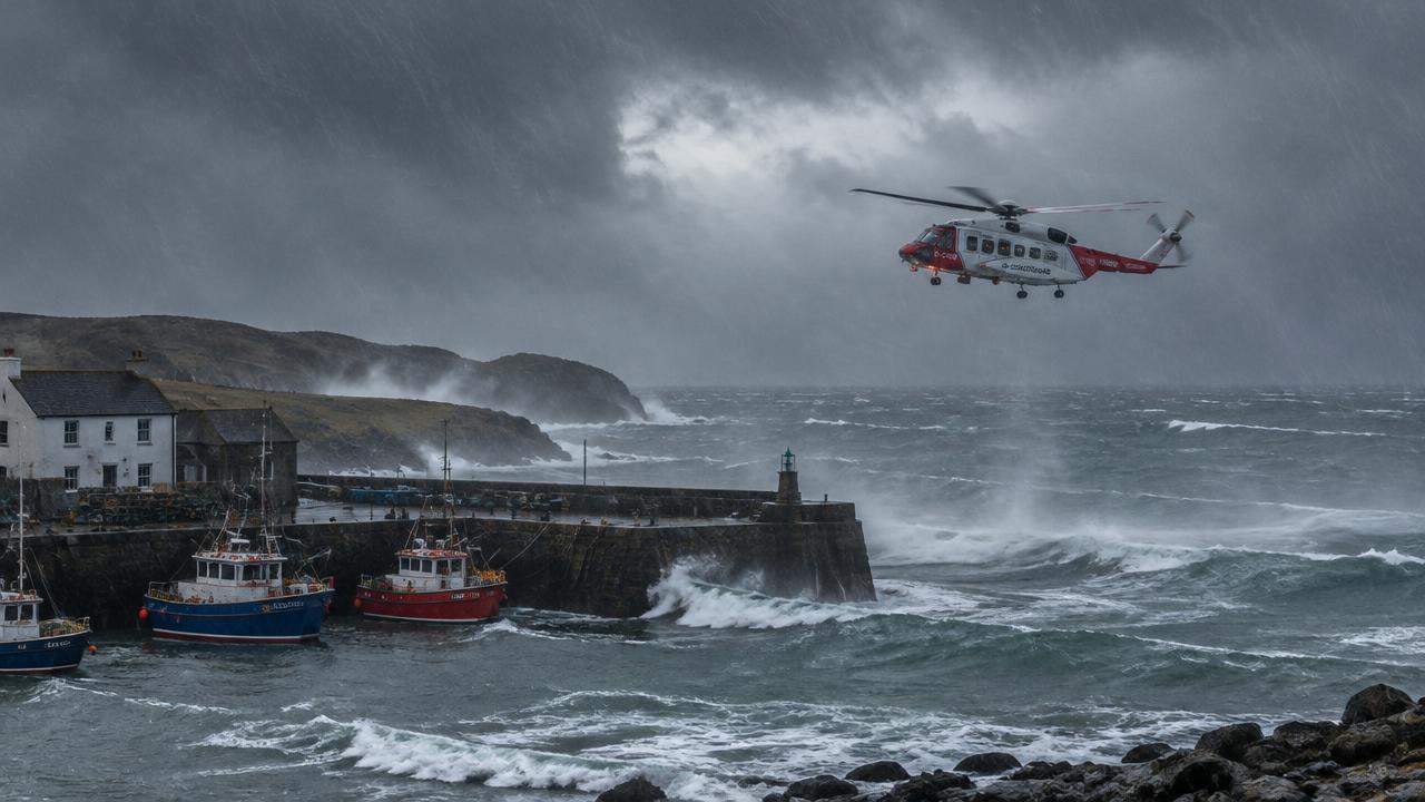 Illustrative coastguard helicopter over a stormy harbour on the Isle of Lewis