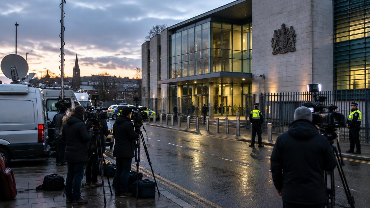 Illustrative crown court exterior with police and television cameras at dusk