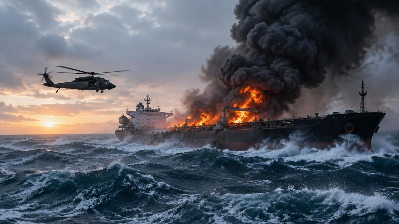 Illustrative oil tanker on fire in rough seas with a rescue helicopter nearby