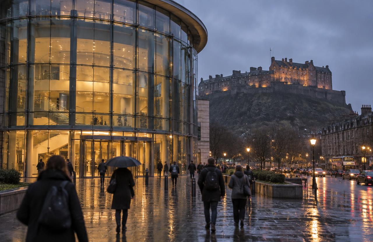 Edinburgh International Conference Centre at dusk with Edinburgh Castle behind