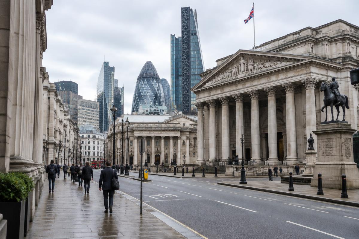 Illustrative London banking district and financial paperwork