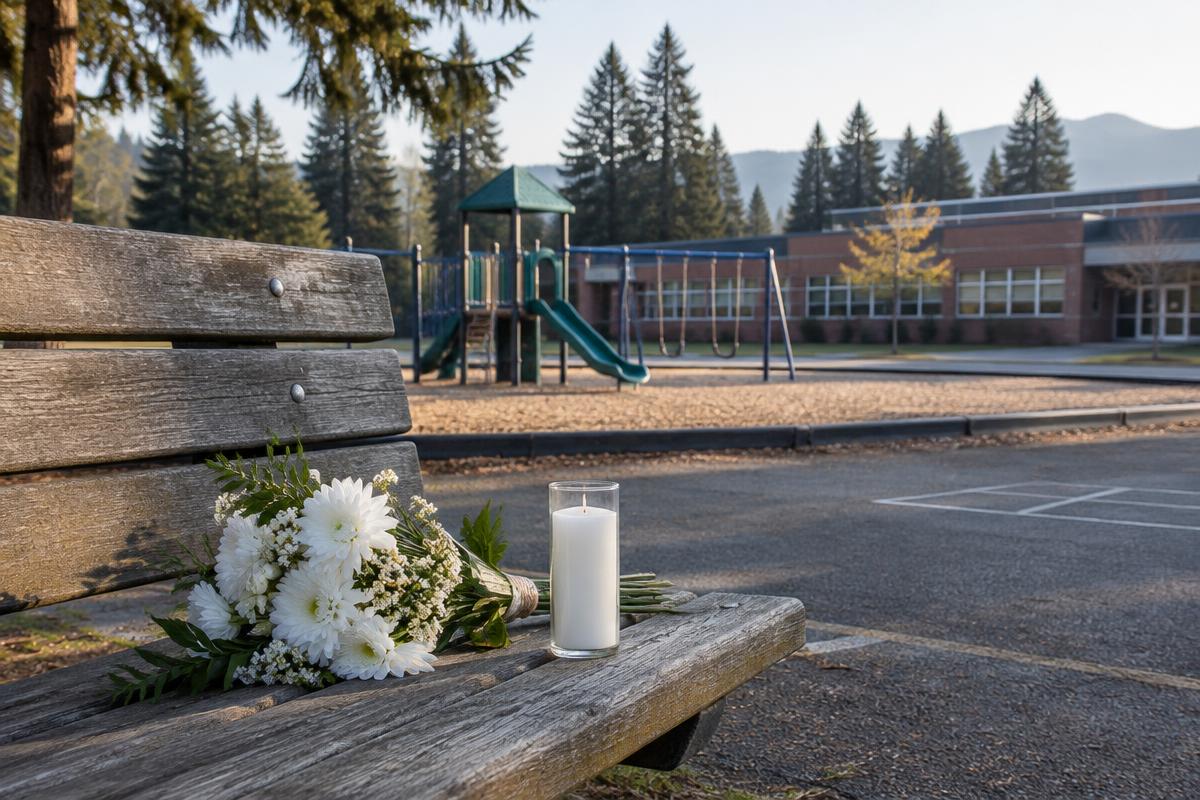 Illustrative candles and flowers in remembrance of a school tragedy