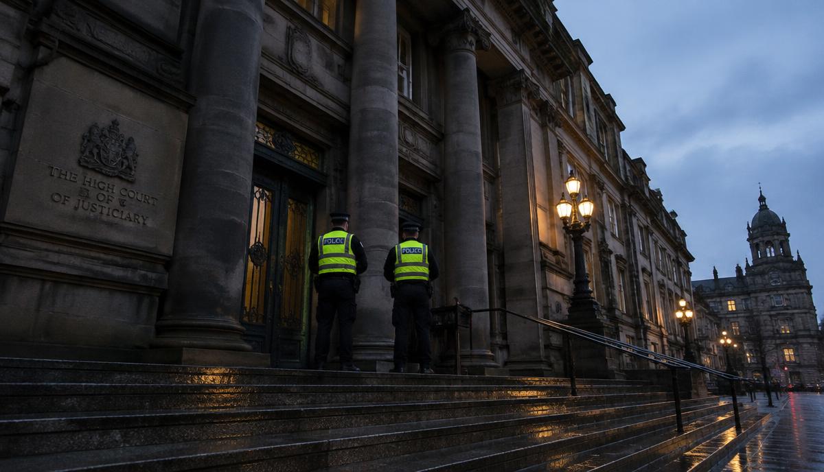 Police officers at the entrance of the High Court in Glasgow at dusk
