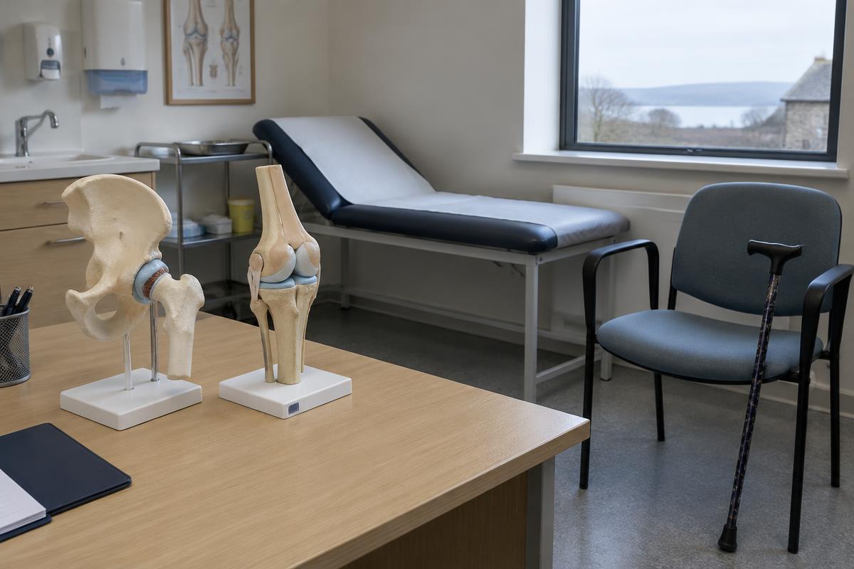 Illustrative orthopaedic clinic waiting area with a walking aid
