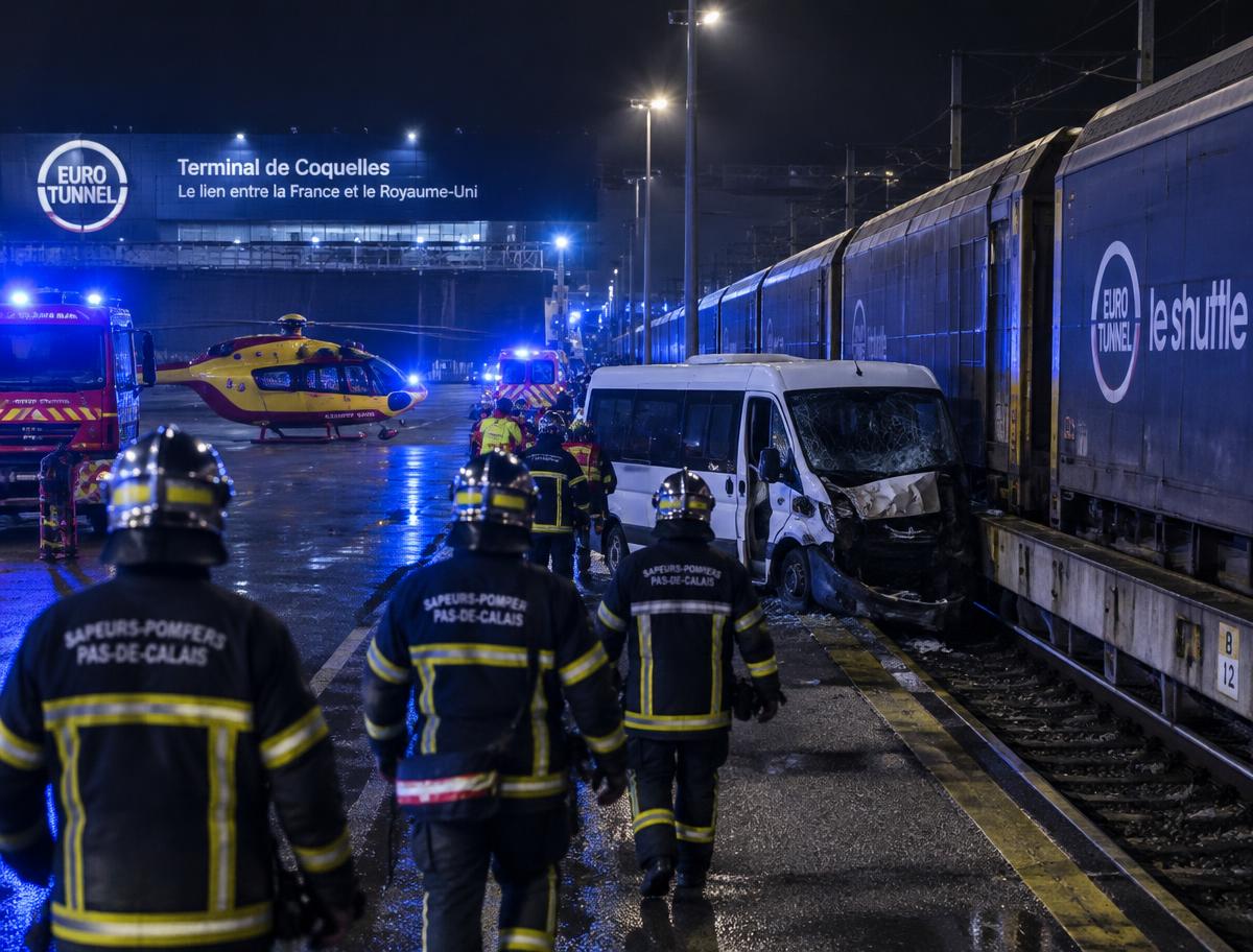Firefighters and a rescue helicopter beside a damaged minibus next to a shuttle train at Coquelles