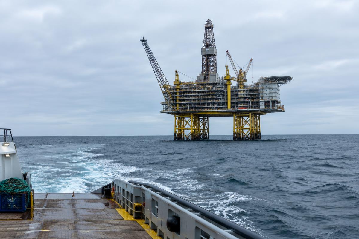 Illustrative North Sea production platform viewed from a supply vessel
