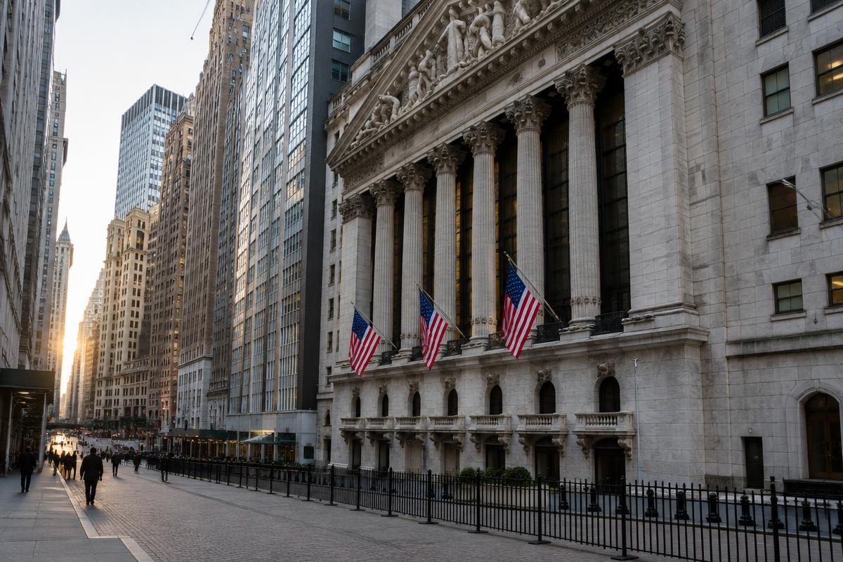 Illustrative New York financial district street and stock exchange exterior