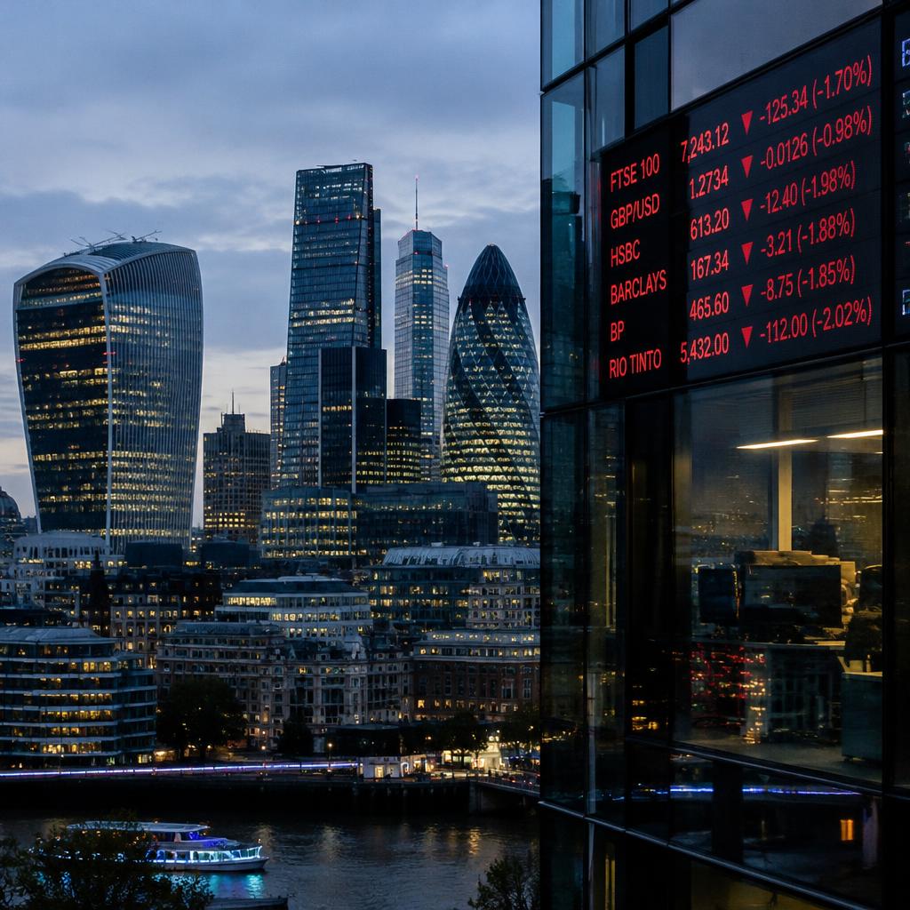The City of London skyline at dusk beside an electronic board showing falling share prices in red