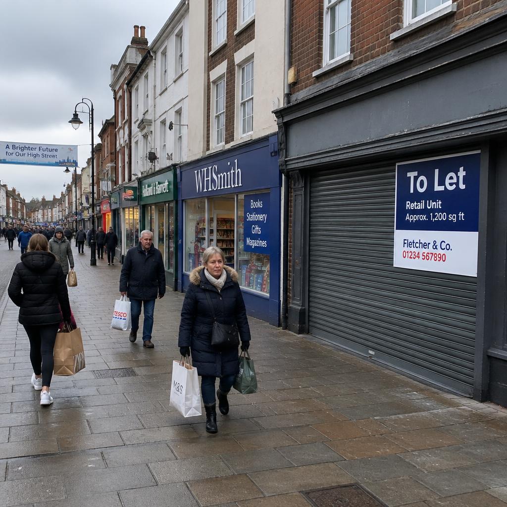 Shoppers carrying bags past a closed shop with a To Let sign on a British high street