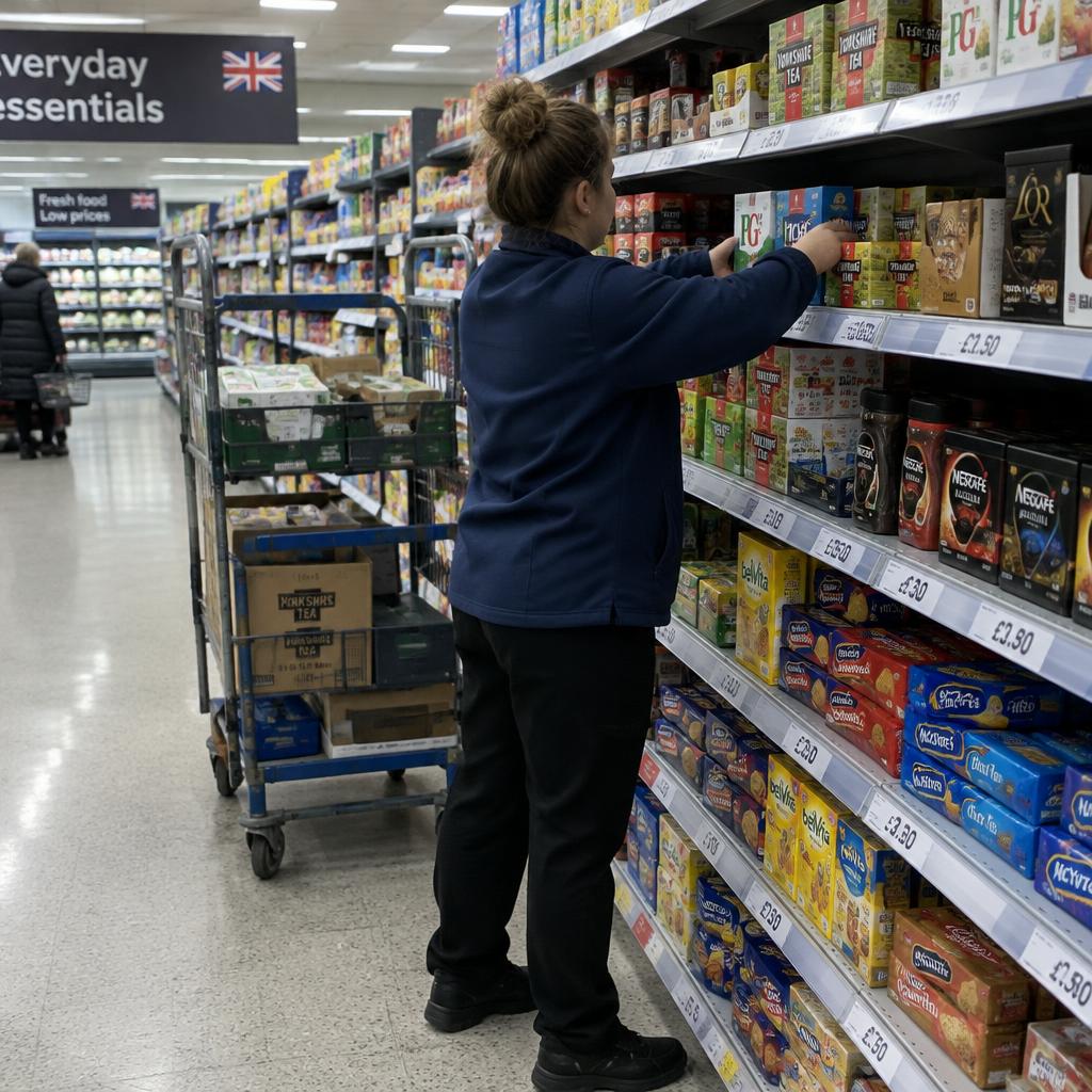 A supermarket worker stacking shelves in a British grocery store aisle