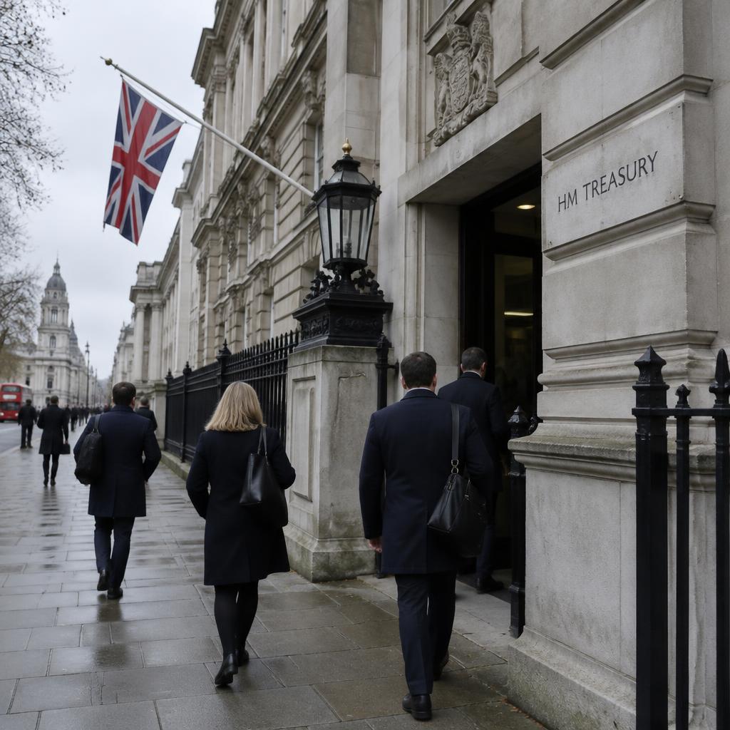 Civil servants entering HM Treasury in Whitehall beneath a Union flag