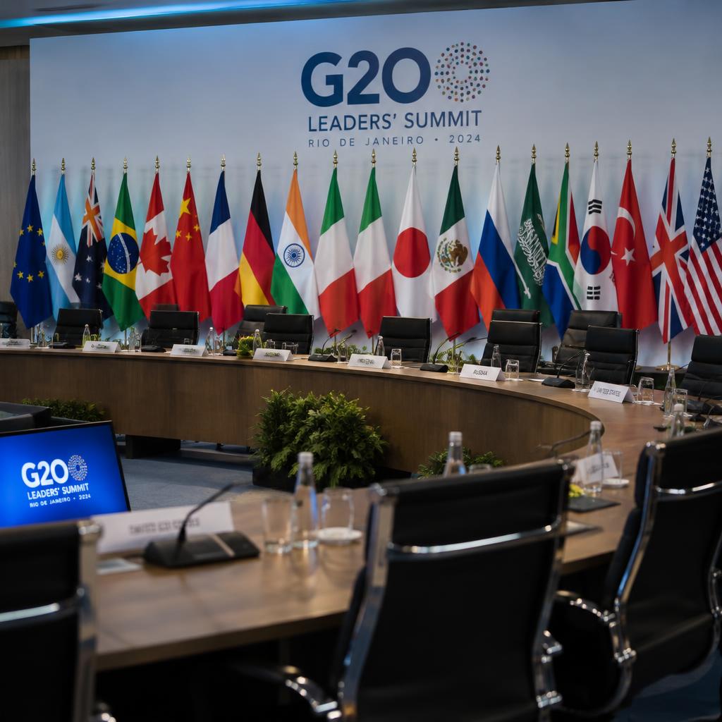 A curved G20 summit table lined with national flags before leaders arrive