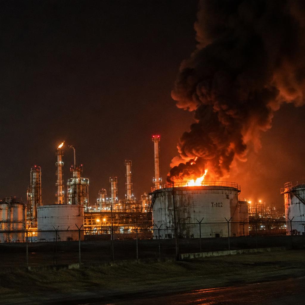 Smoke and flames rising from an oil refinery storage tank at night