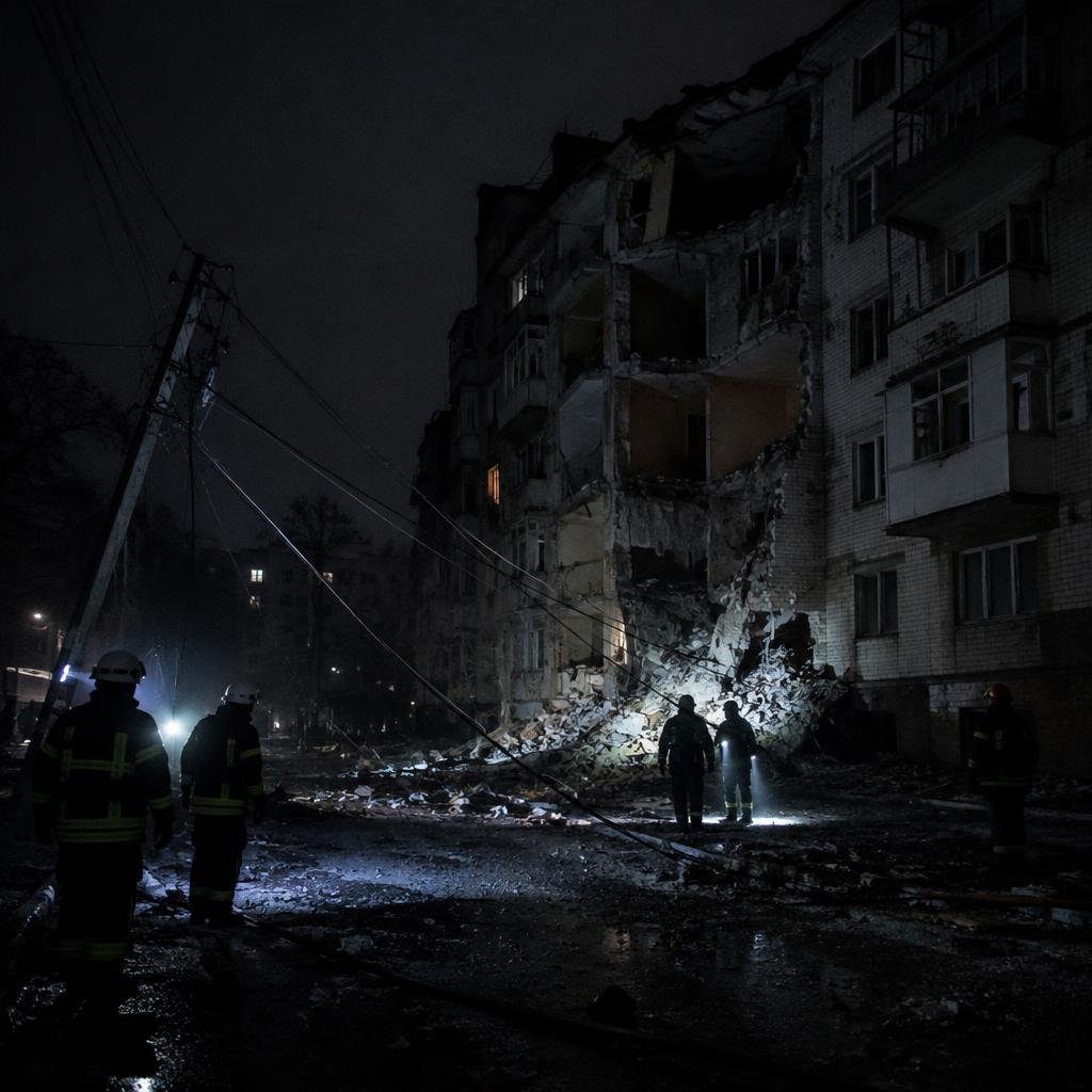 Emergency workers with torches beside a bomb-damaged apartment block at night