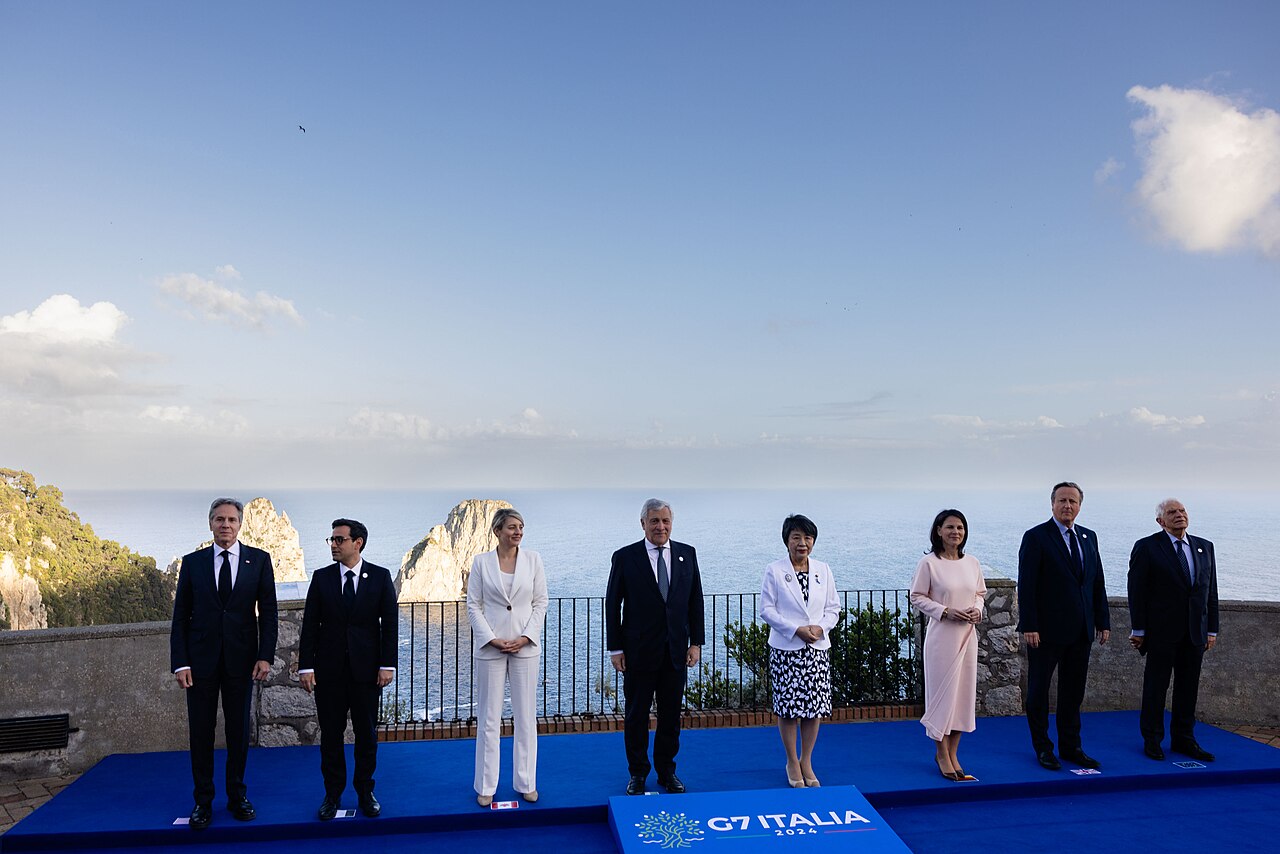 Italy's foreign minister Antonio Tajani with G7 foreign ministers, including Antony Blinken and David Cameron, in Capri in April 2024