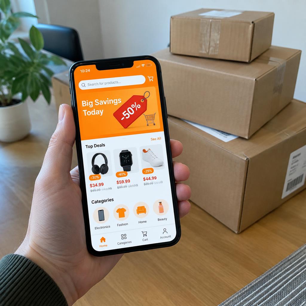 A smartphone showing an online shopping app beside stacked delivery parcels