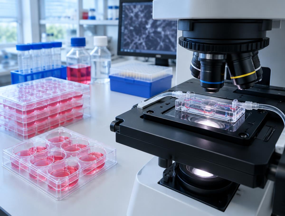 Illustrative image of a laboratory with cell cultures and a microscope