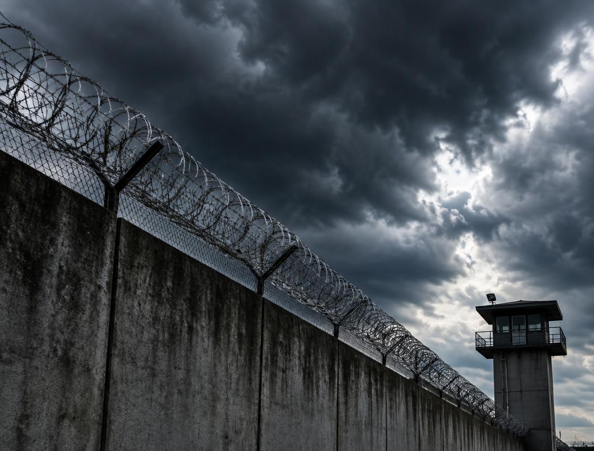 Illustrative image of a prison wall under a stormy sky