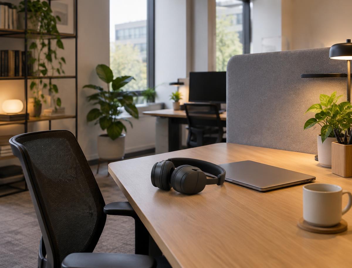 Illustrative image of a quiet desk with headphones in an office