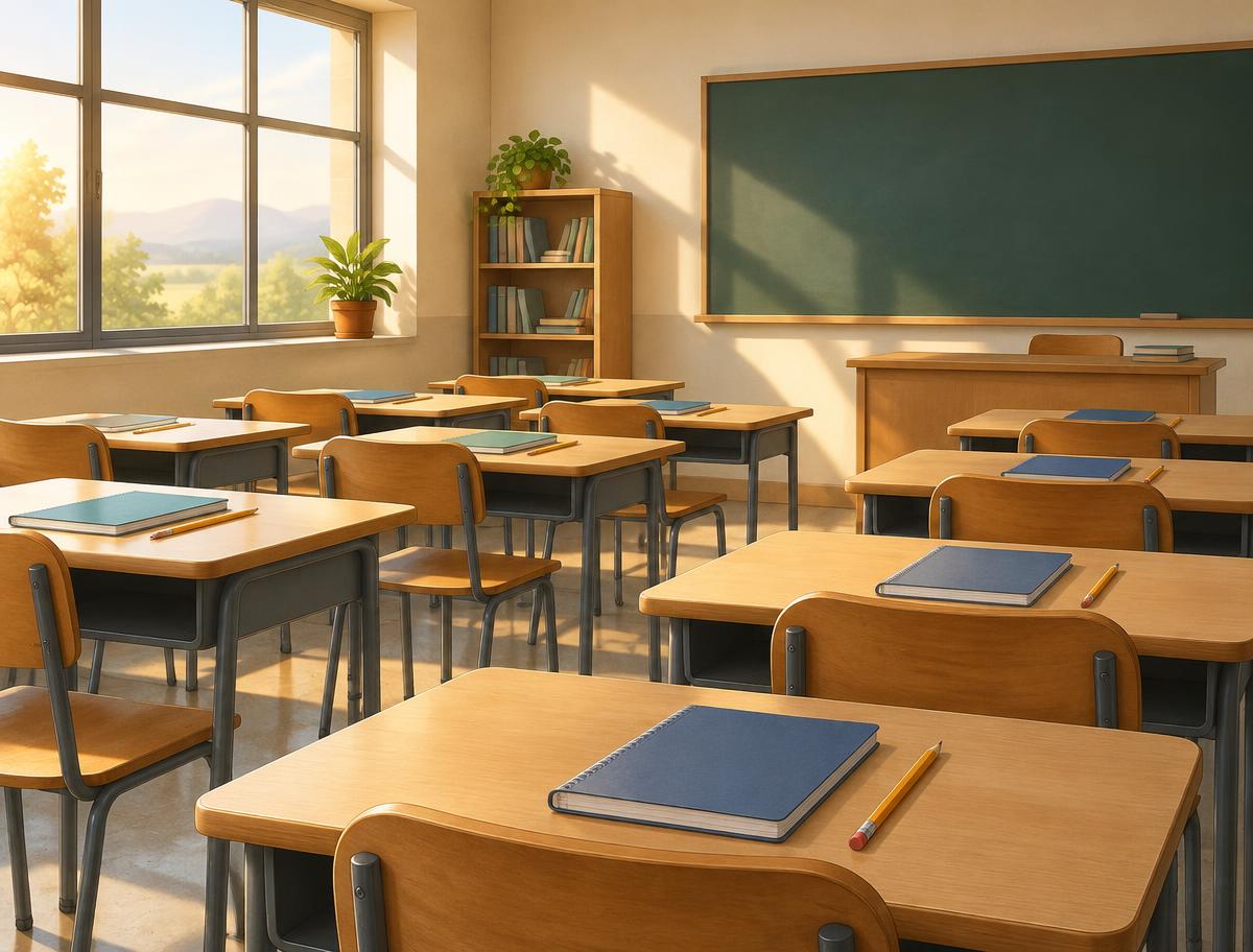 Illustrative empty classroom with exercise books; not a photograph of refugees or a school in the UN report
