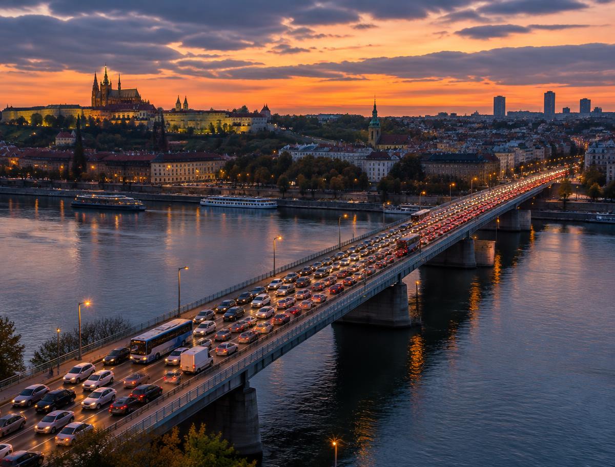 Illustrative image of traffic on a river bridge at dusk; not Kyiv