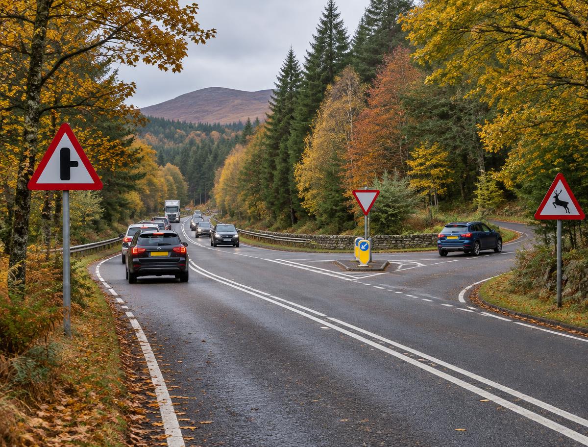 Illustrative image of a trunk road junction through autumn woodland