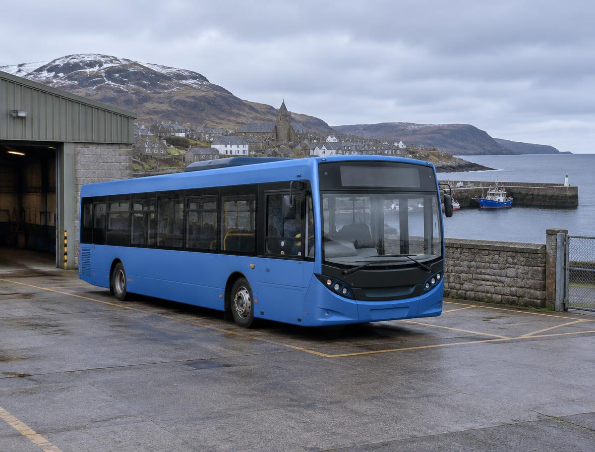 Illustrative image of an unbranded bus at a coastal depot