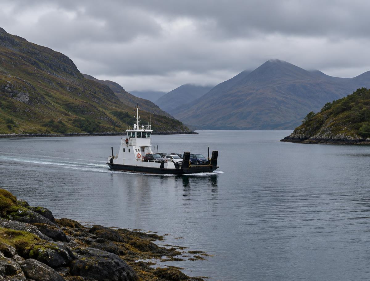 Illustrative image of a small car ferry crossing a Highland loch; not the Corran Ferry