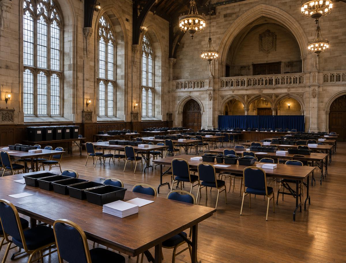 Illustrative image of an election count hall with ballot boxes