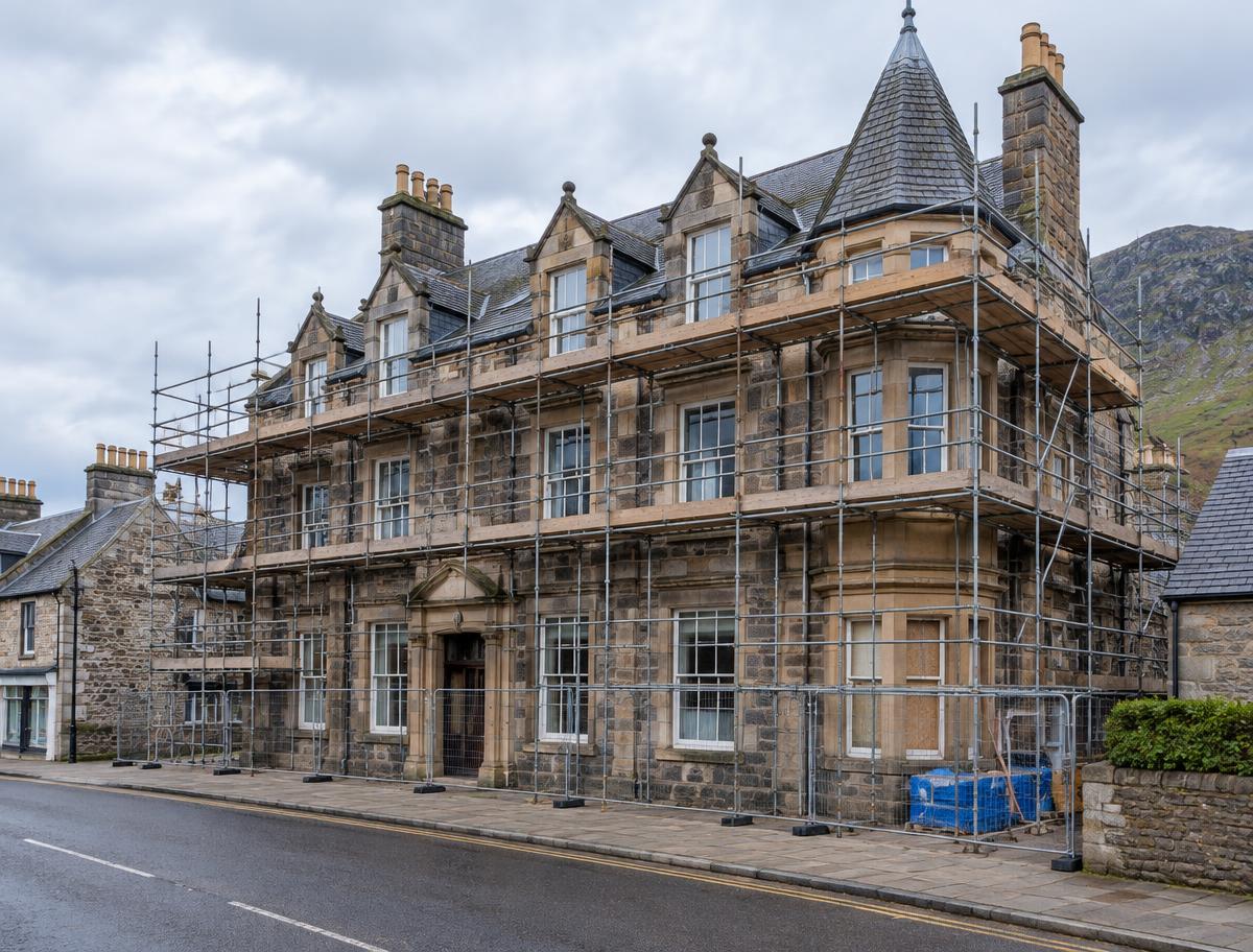 Illustrative image of a historic stone building under renovation; not the Gordon Arms