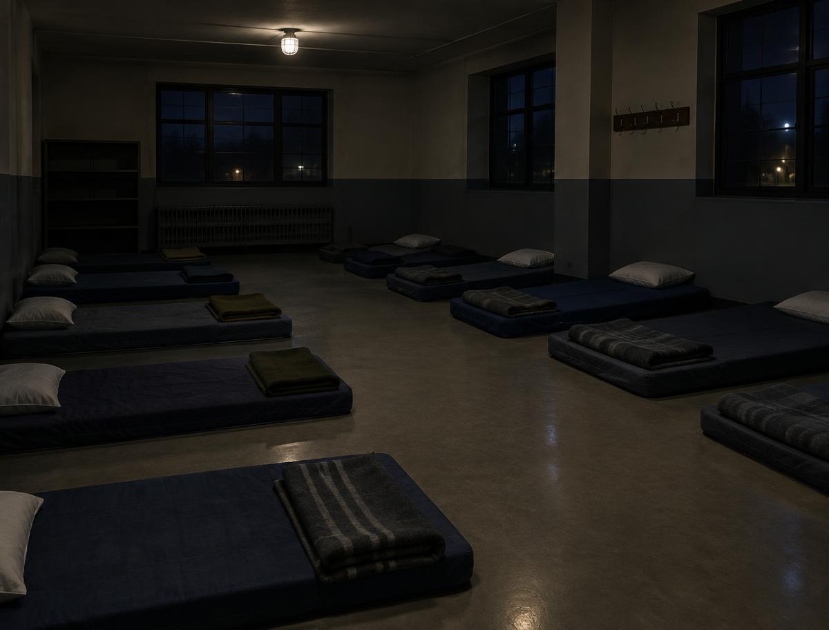 Illustrative image of an empty night shelter with floor mattresses