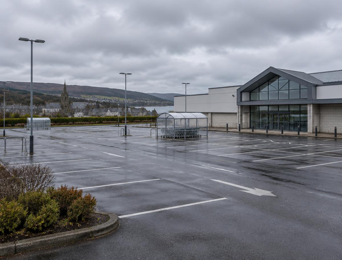 Illustrative image of an empty supermarket car park on a town edge