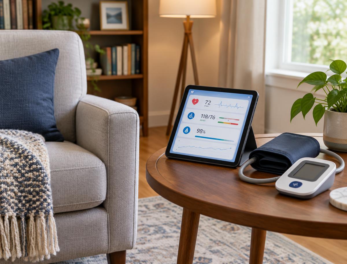 Illustrative image of a home health-monitoring tablet and blood pressure cuff