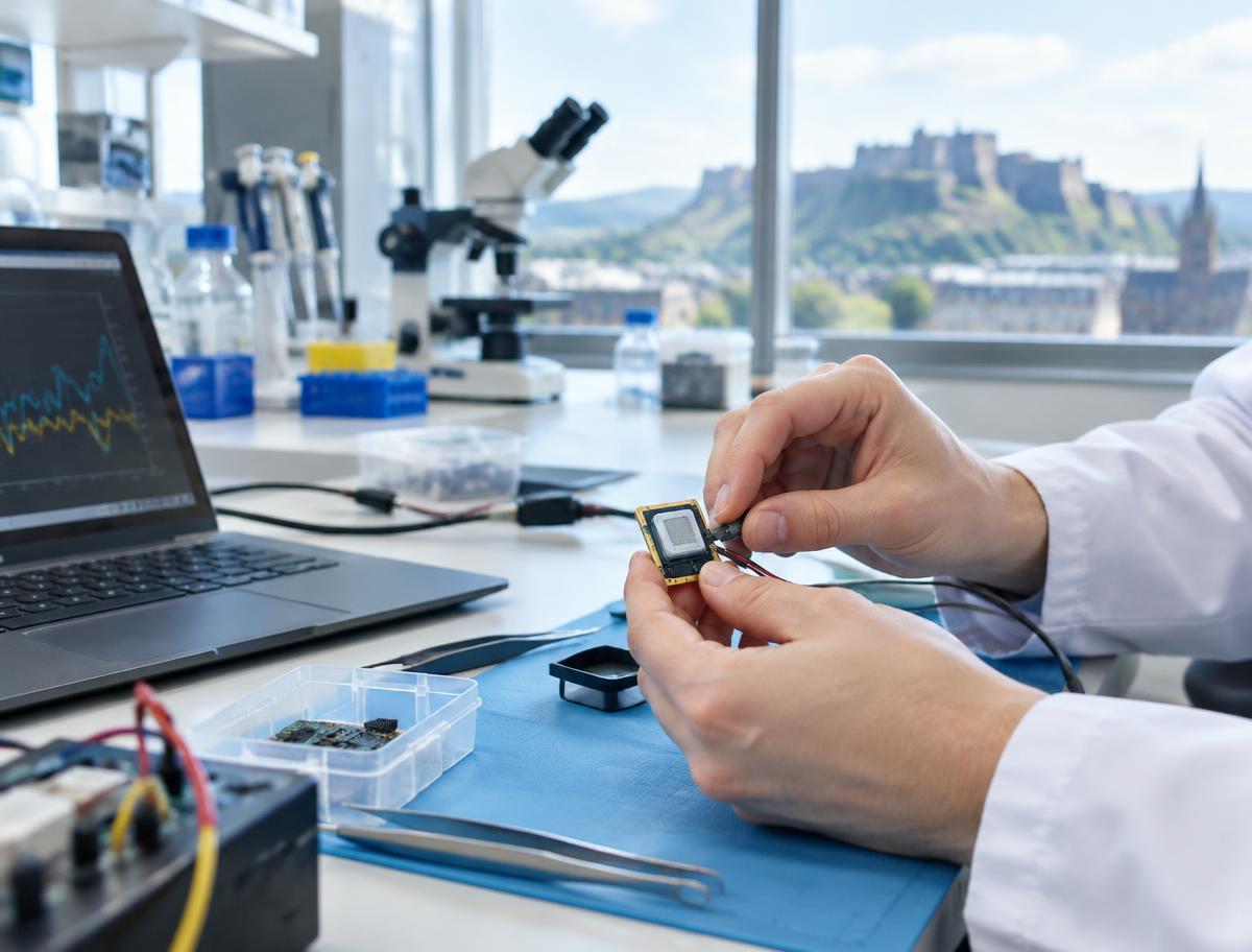 Illustrative image of hands working on an electronic sensor in a university laboratory