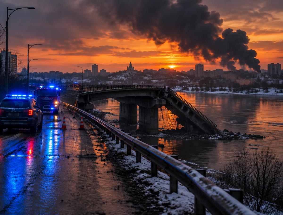 Illustrative damaged river bridge and smoke over a city at dusk