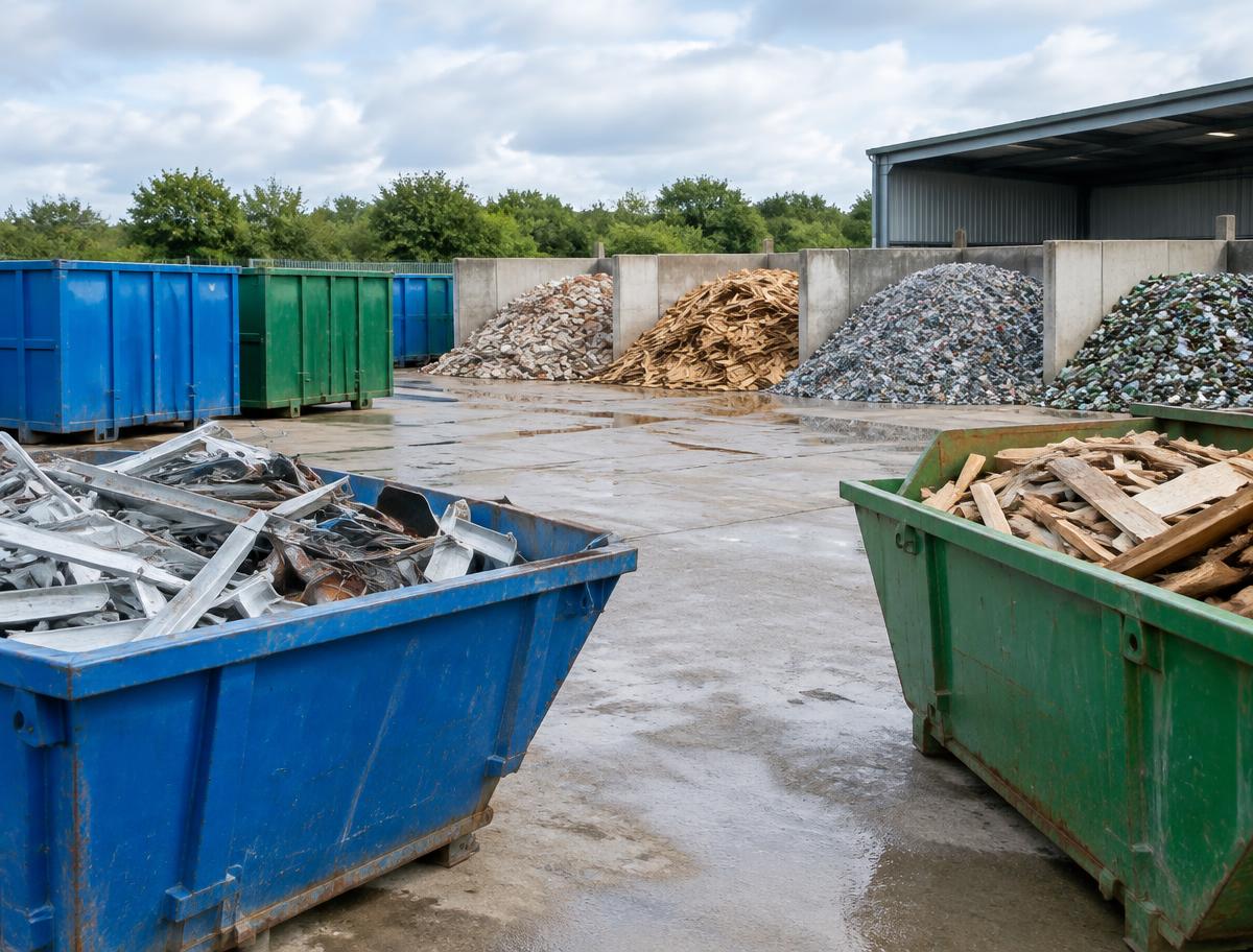 Illustrative image of skips at a recycling site; not a named facility