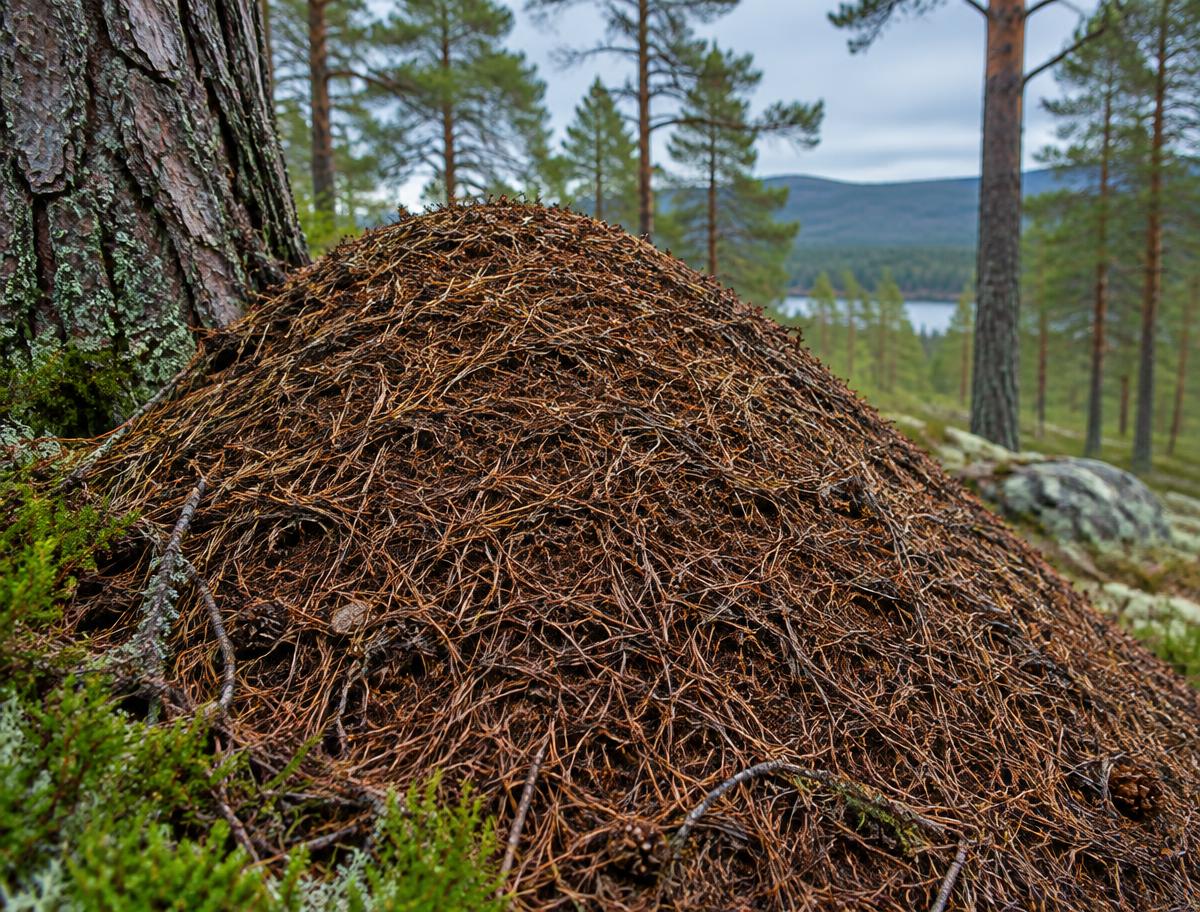 Illustrative image of a wood ant nest mound in a pine forest