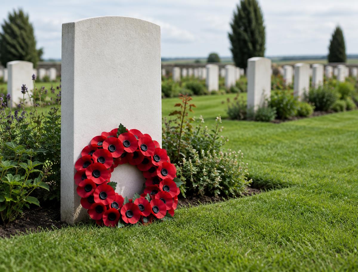 Illustrative image of a poppy wreath beside a war grave headstone